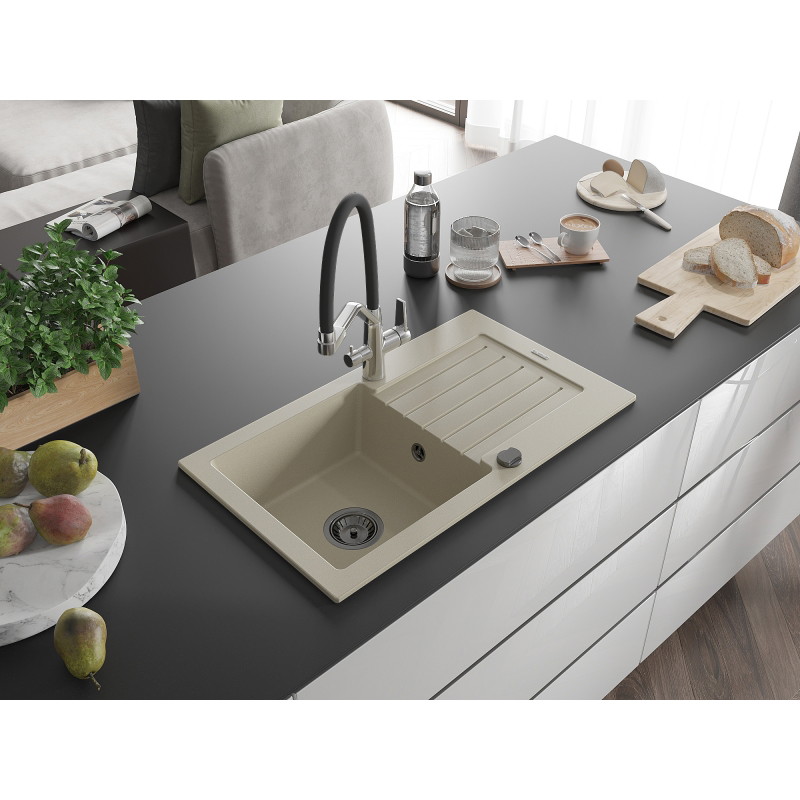 Mexen Pablo 1-bowl granite sink with drainer and Duo kitchen faucet, beige - 6510-69-671701-07-B