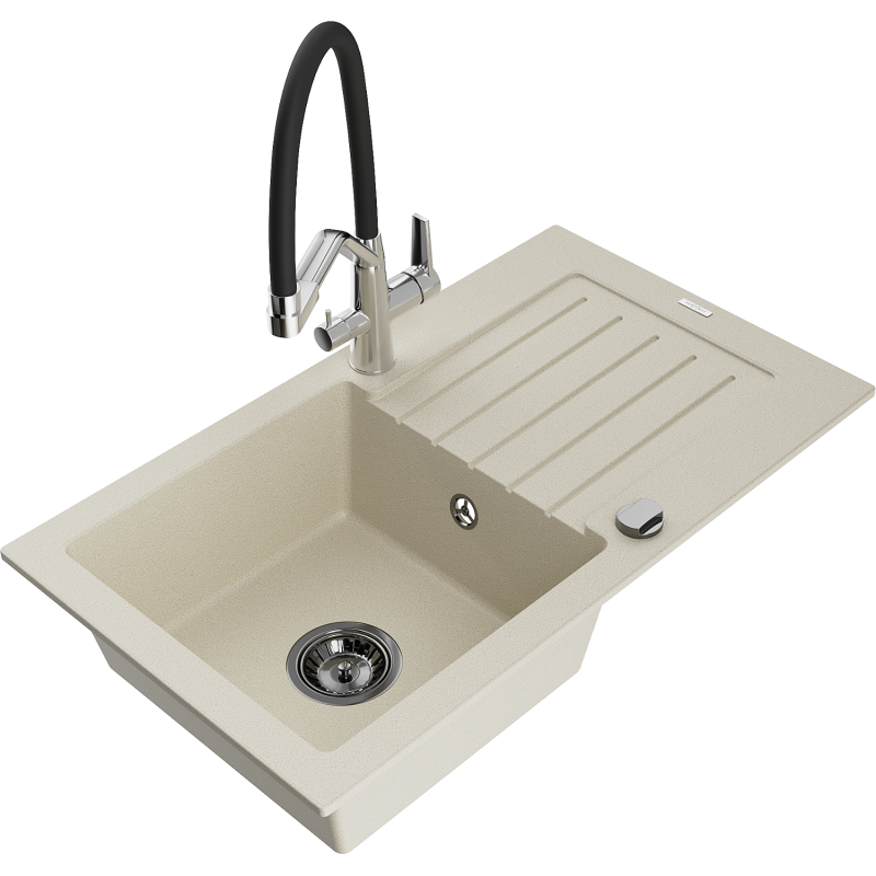 Mexen Pablo 1-compartment granite sink with a drip tray and kitchen mixer tap Duo, Beige - 6510-69-671701-07-B