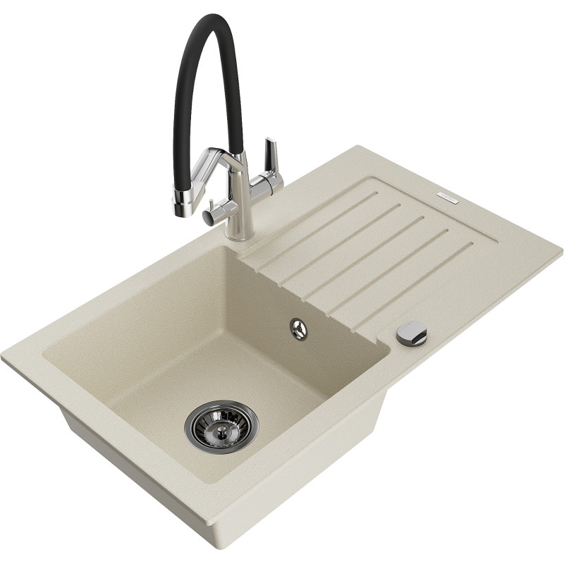 Mexen Pablo granite single-bowl sink with drainer and Duo kitchen faucet, beige - 6510-69-671701-07-B