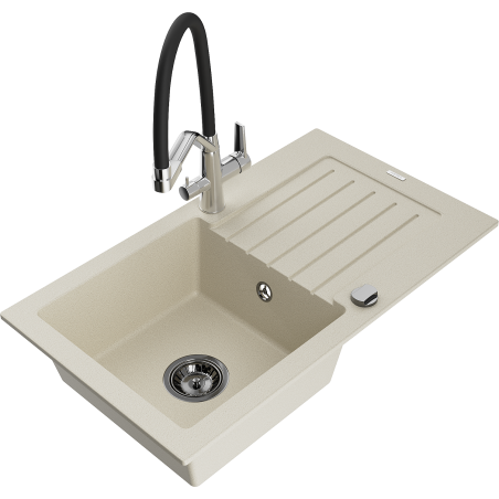 Mexen Pablo 1-compartment granite sink with a drip tray and kitchen mixer tap Duo, Beige - 6510-69-671701-07-B
