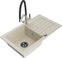 Mexen Pablo 1-compartment granite sink with a drip tray and kitchen mixer tap Duo, Beige - 6510-69-671701-07-B
