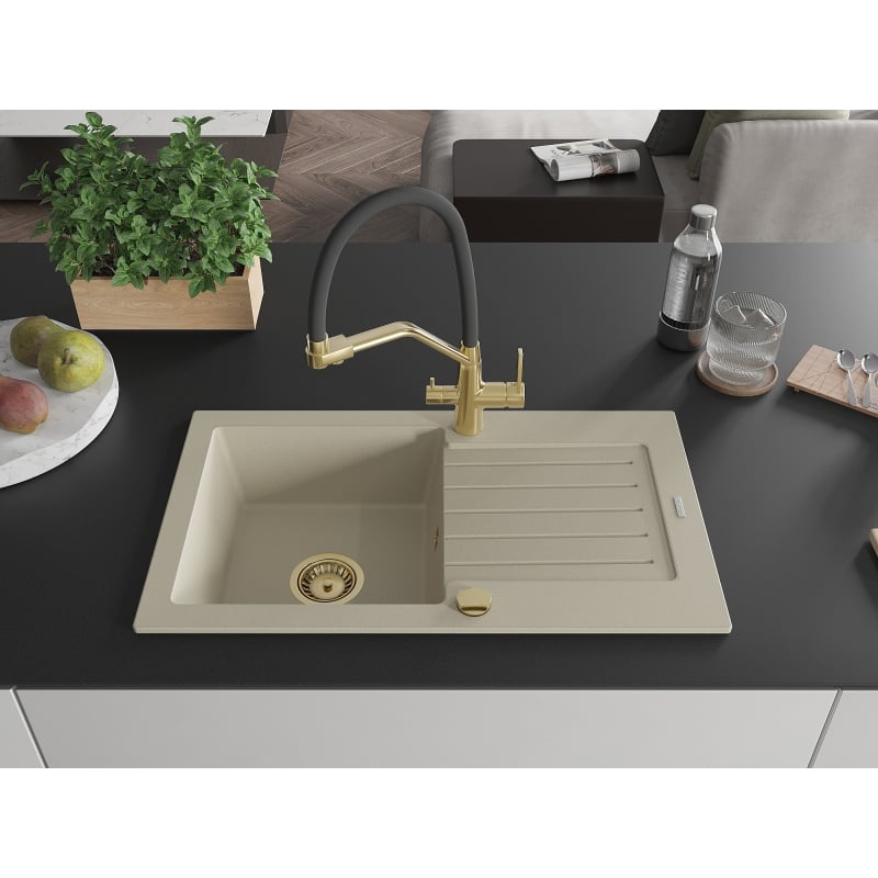 Mexen Pablo 1-bowl granite sink with drainer and Duo kitchen faucet, beige - 6510-69-671701-57-G