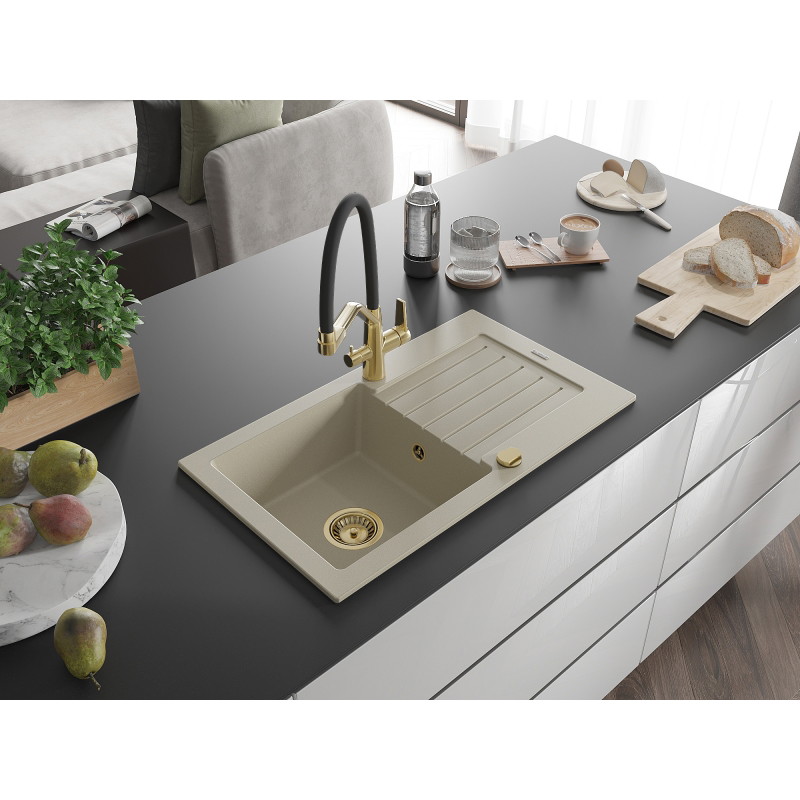 Mexen Pablo 1-bowl granite sink with drainer and Duo kitchen faucet, beige - 6510-69-671701-57-G