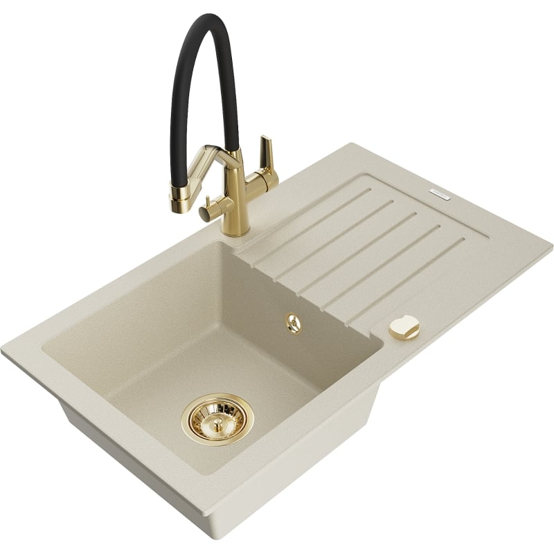 Mexen Pablo 1-bowl granite sink with drainer and Duo kitchen faucet, beige - 6510-69-671701-57-G