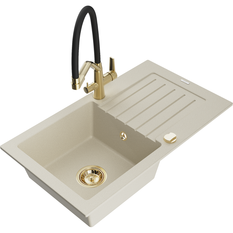 Mexen Pablo granite sink 1-bowl with drainer and Duo kitchen tap, beige - 6510-69-671701-57-G