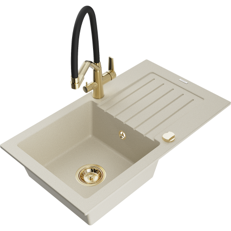 Mexen Pablo granite sink 1-bowl with drainer and Duo kitchen tap, beige - 6510-69-671701-57-G