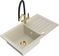 Mexen Pablo 1-bowl granite sink with drainer and Duo kitchen faucet, beige - 6510-69-671701-57-G