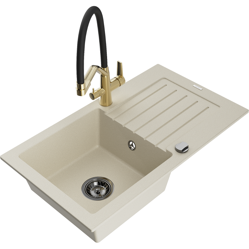 Mexen Pablo 1-bowl granite kitchen sink with drainer and Duo kitchen tap, beige - 6510-69-671701-57-B