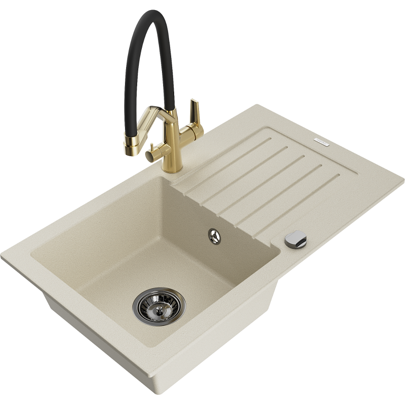 Mexen Pablo 1-compartment granite sink with a drip tray and kitchen mixer tap Duo, Beige - 6510-69-671701-57-B