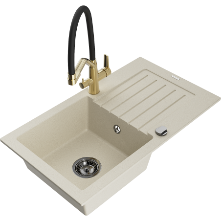 Mexen Pablo 1-bowl granite kitchen sink with drainer and Duo kitchen tap, beige - 6510-69-671701-57-B