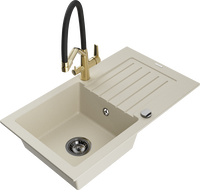Mexen Pablo 1-compartment granite sink with a drip tray and kitchen mixer tap Duo, Beige - 6510-69-671701-57-B