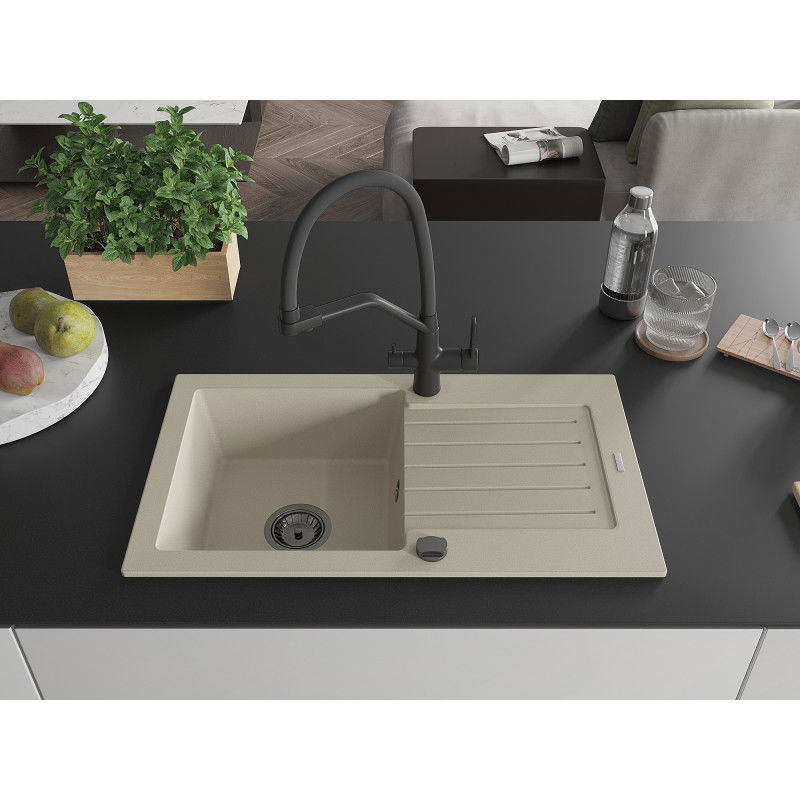 Mexen Pablo granite sink 1-bowl with drainer and Duo kitchen tap, beige - 6510-69-671701-70-B
