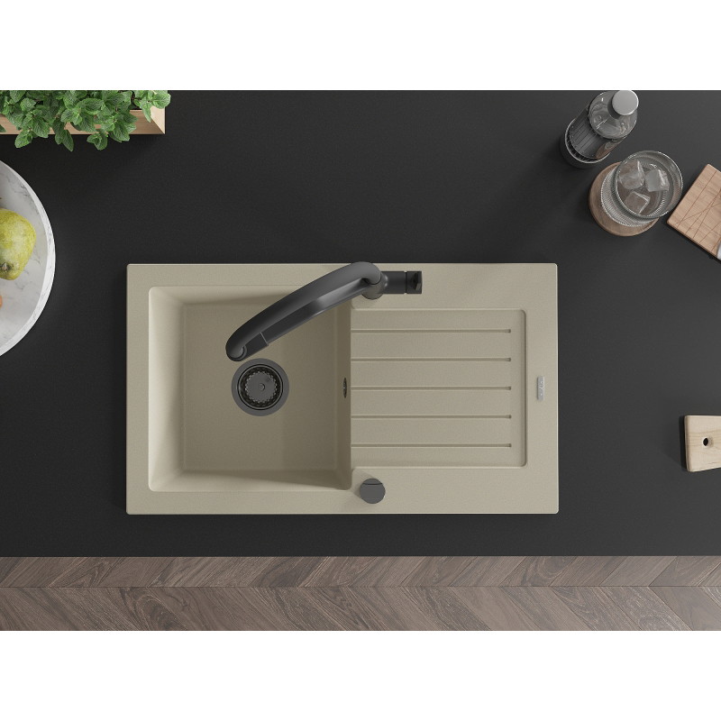 Mexen Pablo 1-bowl granite sink with drainer and Duo kitchen faucet, beige - 6510-69-671701-70-B