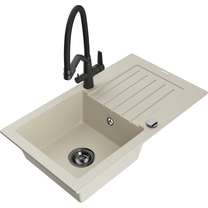 Mexen Pablo 1-compartment granite sink with a drip tray and kitchen mixer tap Duo, Beige - 6510-69-671701-70-B