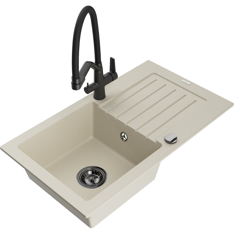 Mexen Pablo granite kitchen sink 1-bowl with drainer and kitchen faucet Duo, beige - 6510-69-671701-70-B