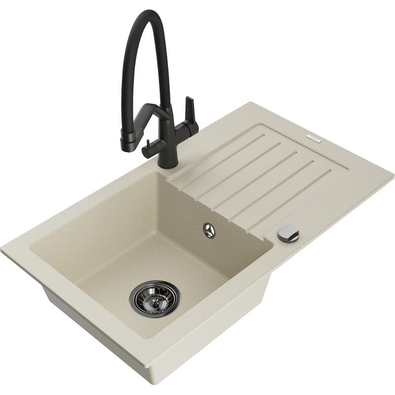 Mexen Pablo granite sink 1-bowl with drainer and Duo kitchen tap, beige - 6510-69-671701-70-B