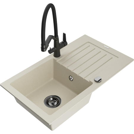 Mexen Pablo 1-bowl granite sink with drainer and Duo kitchen faucet, beige - 6510-69-671701-70-B