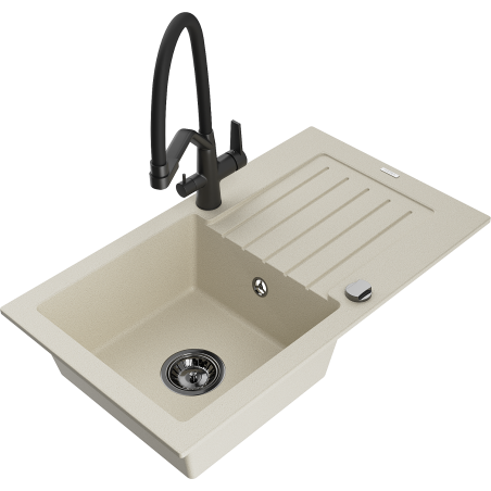 Mexen Pablo granite kitchen sink 1-bowl with drainer and kitchen faucet Duo, beige - 6510-69-671701-70-B