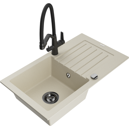 Mexen Pablo granite sink 1-bowl with drainer and Duo kitchen tap, beige - 6510-69-671701-70-B
