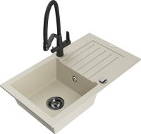 Mexen Pablo 1-bowl granite sink with drainer and Duo kitchen faucet, beige - 6510-69-671701-70-B