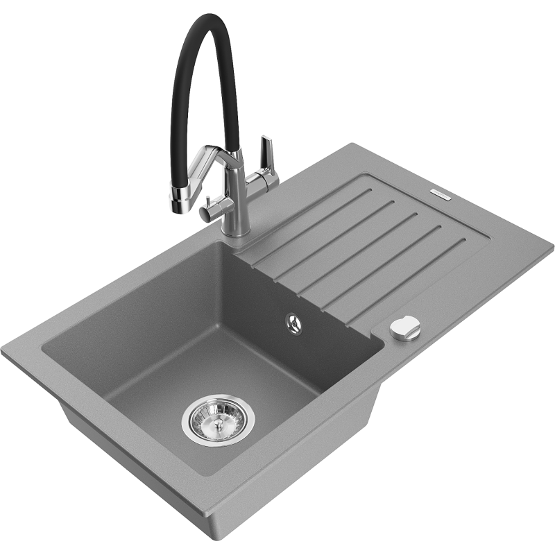 Mexen Pablo 1-compartment granite sink with a drip tray and kitchen mixer tap Duo, grey - 6510-71-671701-07