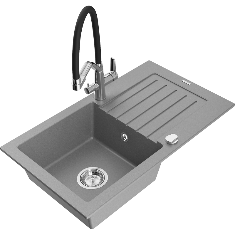 Mexen Pablo granite single-bowl sink with drainer and Duo kitchen tap, grey - 6510-71-671701-07