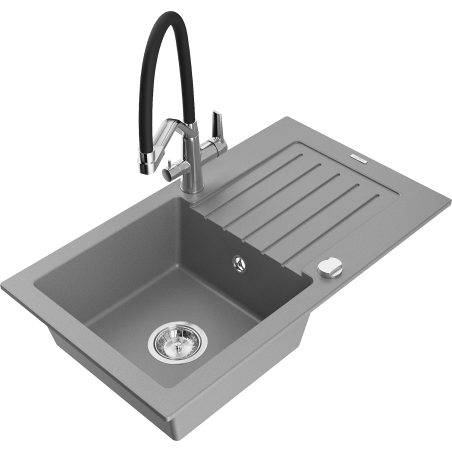 Mexen Pablo 1-compartment granite sink with a drip tray and kitchen mixer tap Duo, grey - 6510-71-671701-07