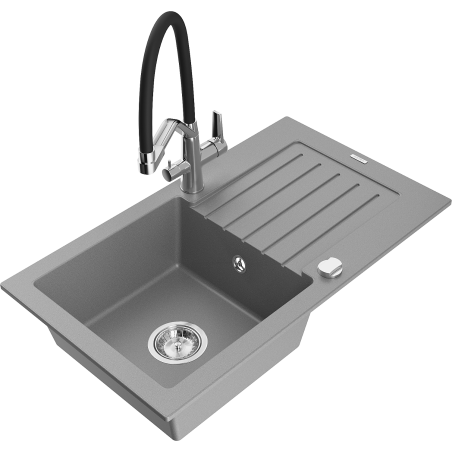 Mexen Pablo granite single-bowl sink with drainer and Duo kitchen tap, grey - 6510-71-671701-07
