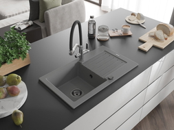 Mexen Pablo single-bowl granite sink with drainer and kitchen faucet Duo, gray - 6510-71-671701-07-B