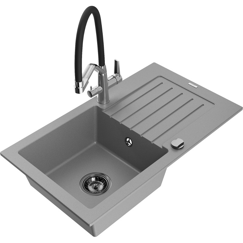 Mexen Pablo 1-Bowl Granite Sink with Drainer and Kitchen Faucet Duo, Gray - 6510-71-671701-07-B