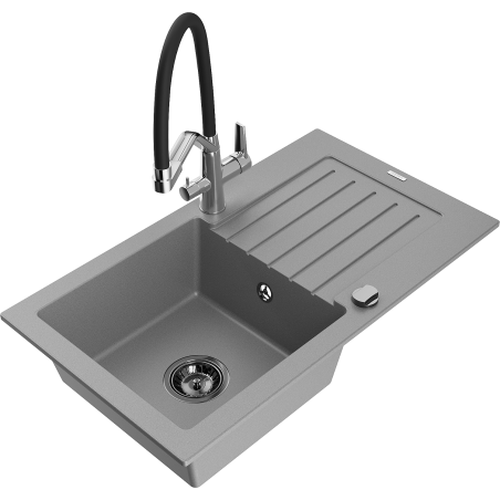 Mexen Pablo single-bowl granite sink with drainer and kitchen faucet Duo, gray - 6510-71-671701-07-B