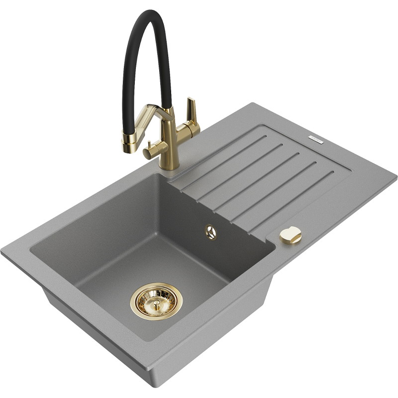 Mexen Pablo 1-bowl granite sink with drainer and Duo kitchen faucet, gray - 6510-71-671701-57-G