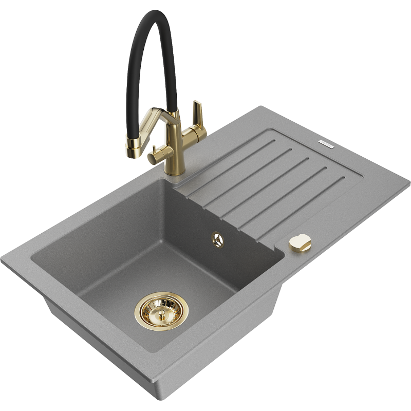 Mexen Pablo 1-compartment granite sink with a drip tray and kitchen mixer tap Duo, grey - 6510-71-671701-57-G