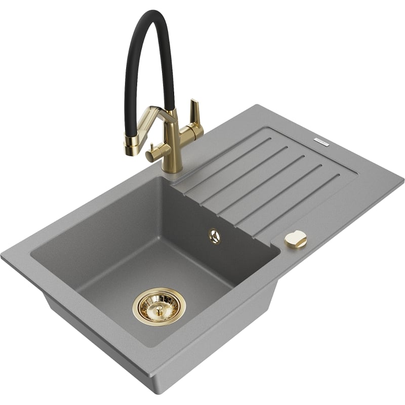 Mexen Pablo gray granite sink 1-bowl with drainer and Duo kitchen faucet - 6510-71-671701-57-G