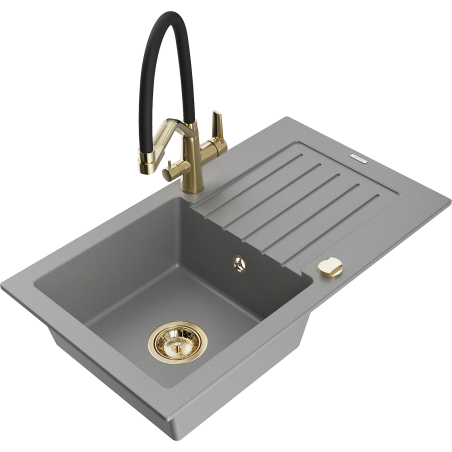Mexen Pablo 1-bowl granite sink with drainer and Duo kitchen faucet, gray - 6510-71-671701-57-G
