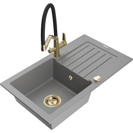 Mexen Pablo Granite Sink 1-Bowl with Drainer and Duo Kitchen Tap, Grey - 6510-71-671701-57-G