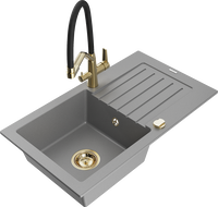 Mexen Pablo 1-bowl granite sink with drainer and Duo kitchen faucet, gray - 6510-71-671701-57-G
