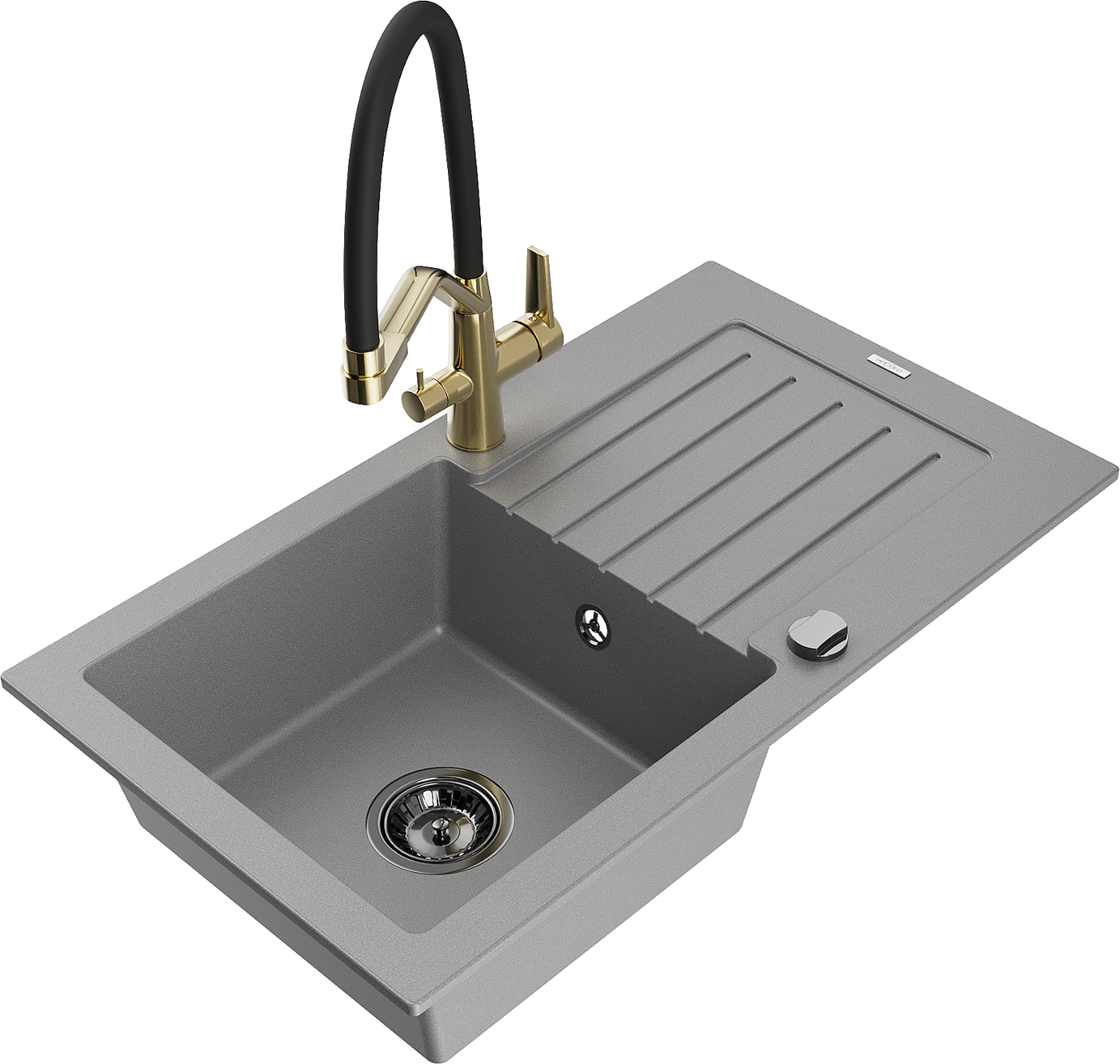 Mexen Pablo 1-compartment granite sink with a drip tray and kitchen mixer tap Duo, grey - 6510-71-671701-57-B