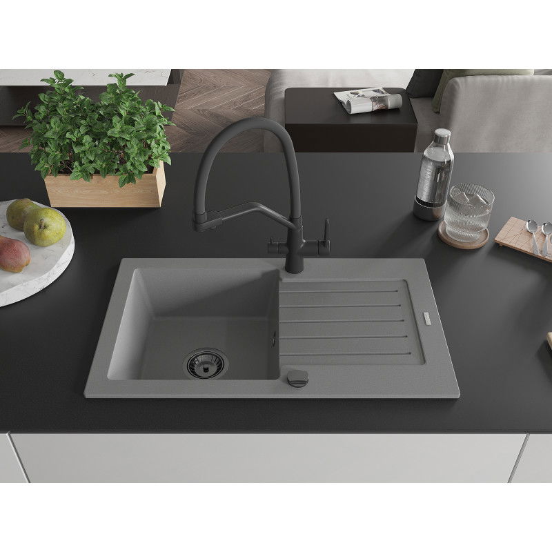 Mexen Pablo 1-bowl granite sink with drainer and Duo kitchen tap, grey - 6510-71-671701-70-B