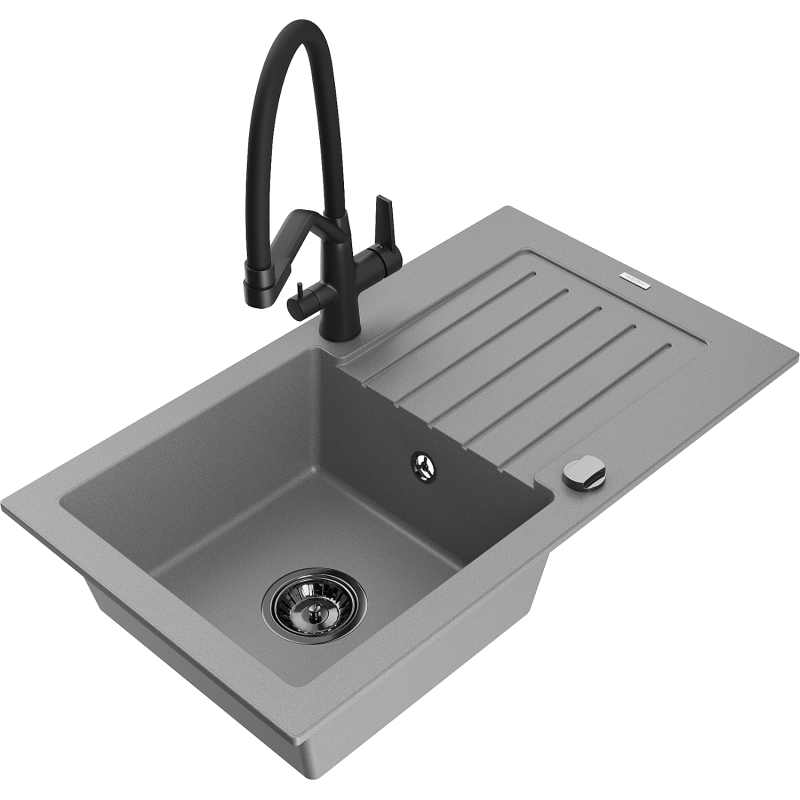 Mexen Pablo 1-bowl granite sink with drainer and Duo kitchen tap, grey - 6510-71-671701-70-B
