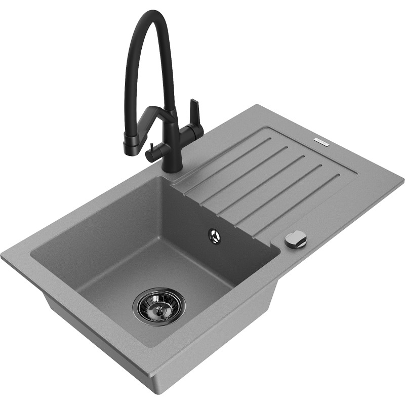Mexen Pablo granit sink single bowl with drainer and Duo kitchen faucet, gray - 6510-71-671701-70-B