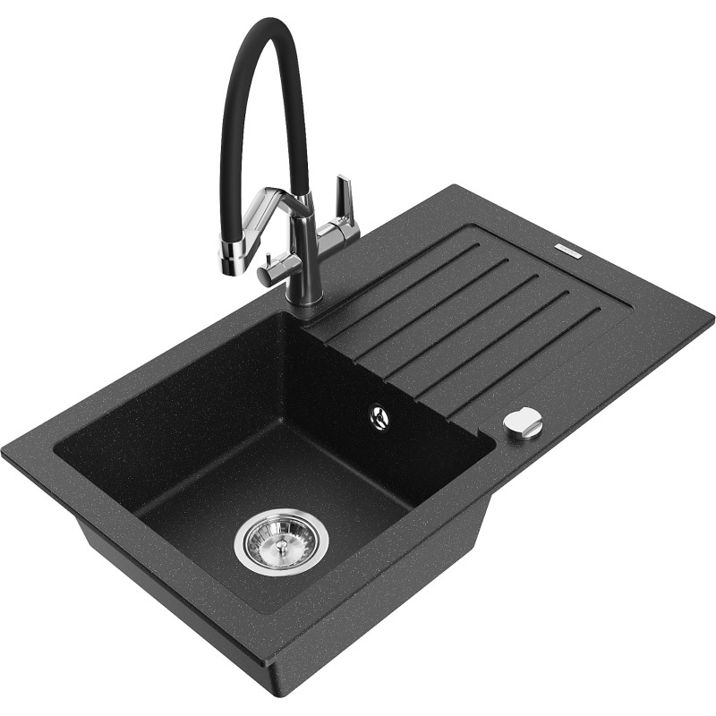 Mexen Pablo 1-bowl granite sink with drainer and Duo kitchen faucet, black/silver metallic - 6510-73-671701-07