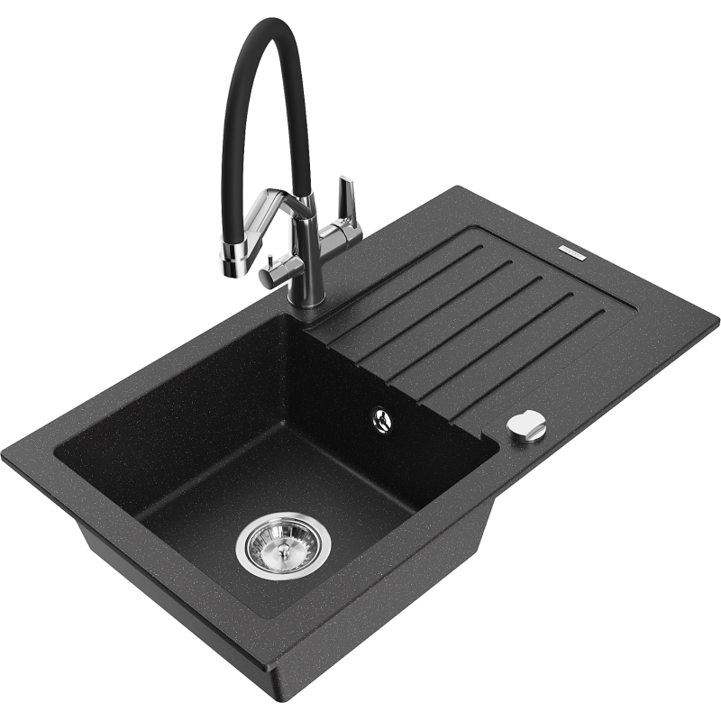 Mexen Pablo 1-compartment granite sink with a drip tray and kitchen mixer tap Duo, Black/ silver metallic - 6510-73-671701-07