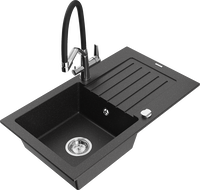 Mexen Pablo granite sink 1-bowl with drainer and Duo kitchen tap, black/silver metallic - 6510-73-671701-07