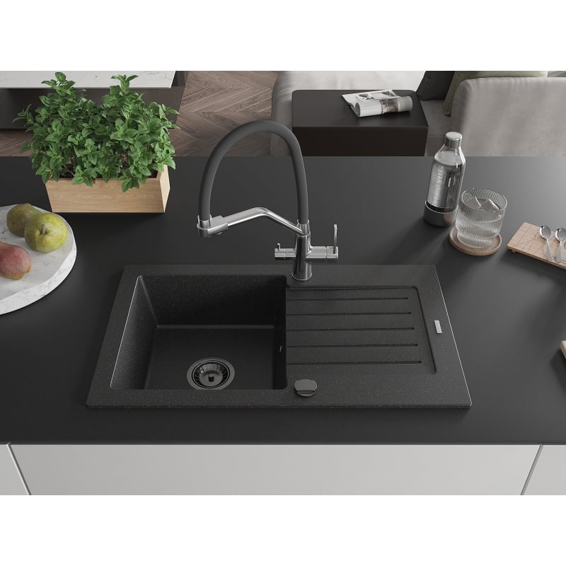 Mexen Pablo Granite Kitchen Sink 1-Bowl with Drainer and Duo Kitchen Faucet, Black/Silver Metallic - 6510-73-671701-07-B