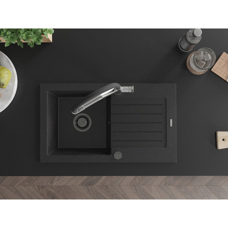 Mexen Pablo granite sink 1-bowl with drainer and Duo kitchen tap, black/silver metallic - 6510-73-671701-07-B