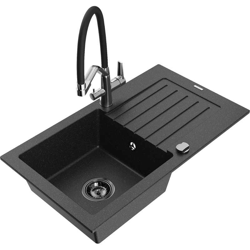 Mexen Pablo 1-compartment granite sink with a drip tray and kitchen mixer tap Duo, Black/ silver metallic - 6510-73-671701-07-B