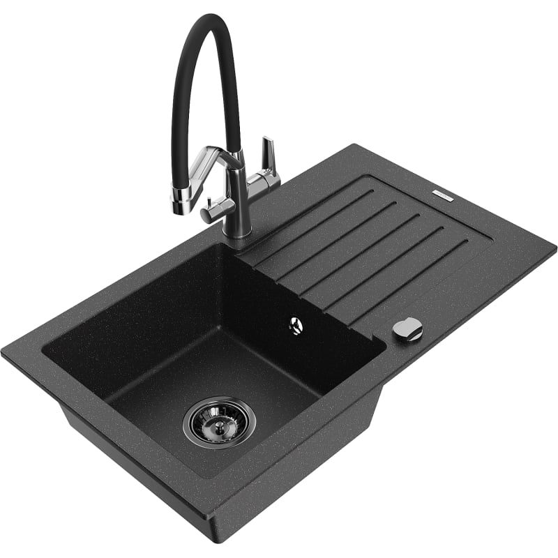 Mexen Pablo Granite Kitchen Sink 1-Bowl with Drainer and Duo Kitchen Faucet, Black/Silver Metallic - 6510-73-671701-07-B