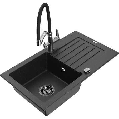 Mexen Pablo Granite Kitchen Sink 1-Bowl with Drainer and Duo Kitchen Faucet, Black/Silver Metallic - 6510-73-671701-07-B