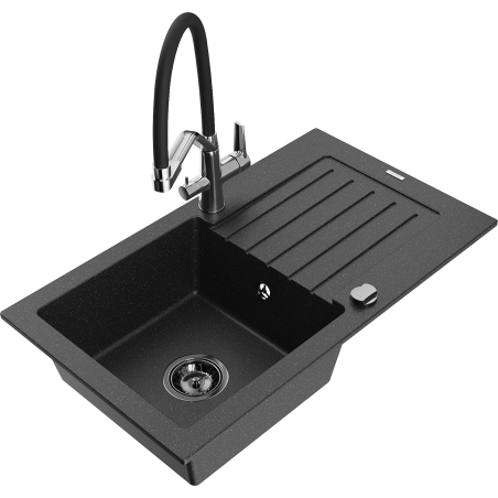 Mexen Pablo granite sink 1-bowl with drainer and Duo kitchen tap, black/silver metallic - 6510-73-671701-07-B